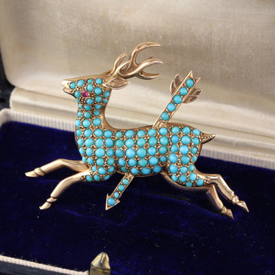 Antique Victorian 14K Yellow Gold & Turquoise Deer Brooch - The Antique Parlour