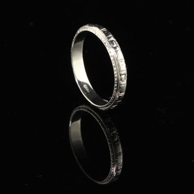 Antique Art Deco 18K White Gold Engraved Wedding Band - Size 9 1/2