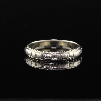 Antique Art Deco 18K White Gold Engraved Wedding Band - Size 9 1/2