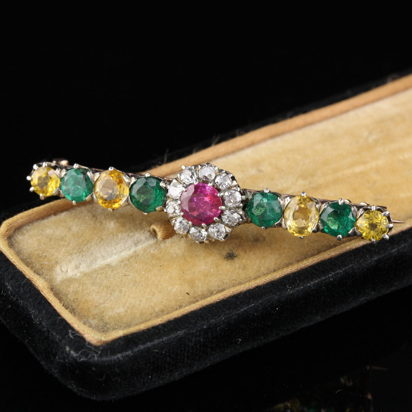 	Antique Victorian 18K Yellow Gold Diamond, Burmese Ruby, Emerald & Yellow Sapphire Bar Brooch