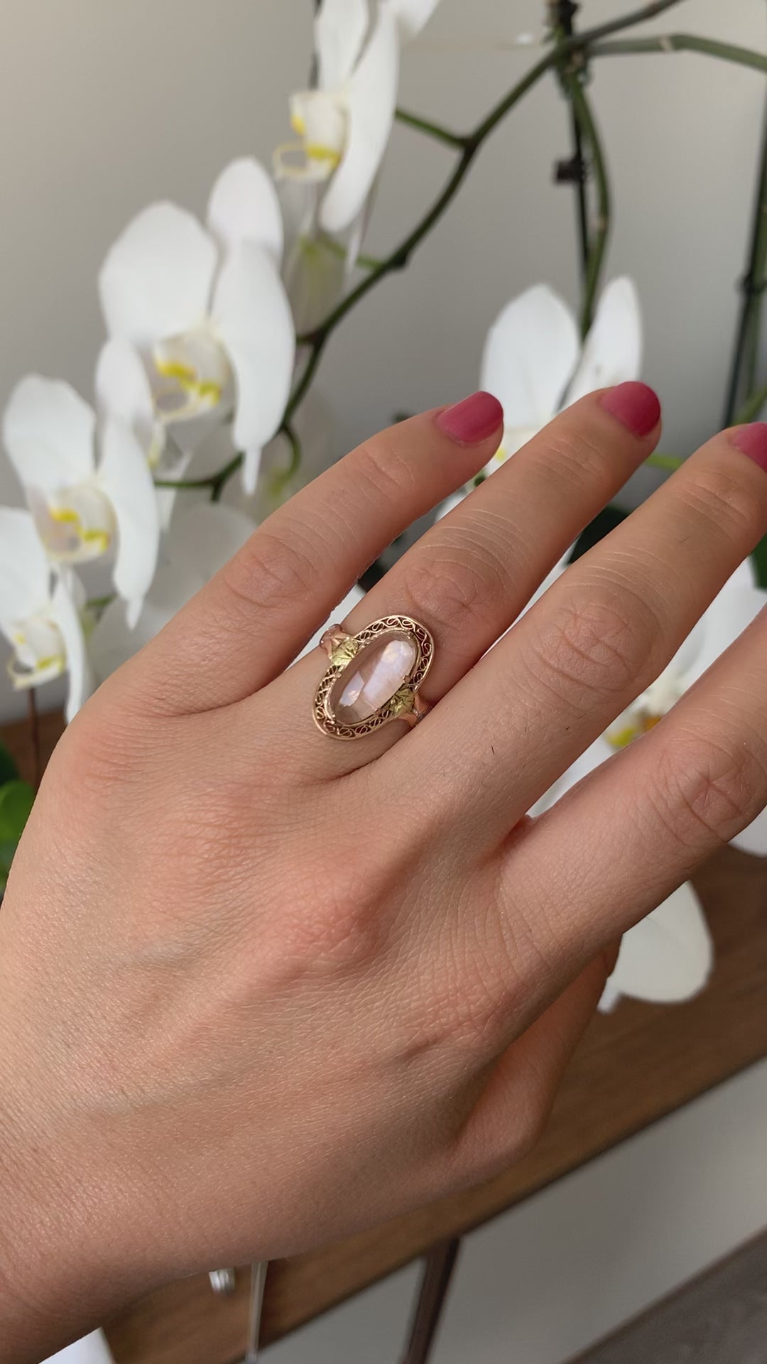 Antique Victorian 10K Rose Gold and Yellow Gold Moonstone Rose Cut Diamond Ring