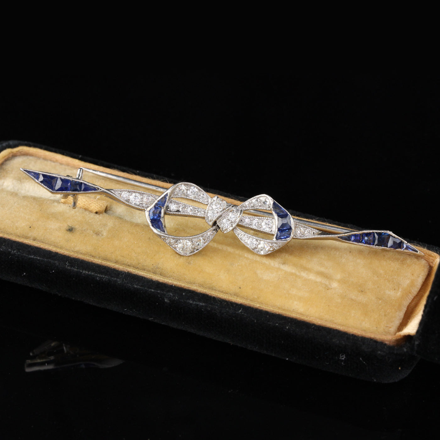 Antique Art Deco Platinum, Sapphire & Diamond Bow Bar Brooch