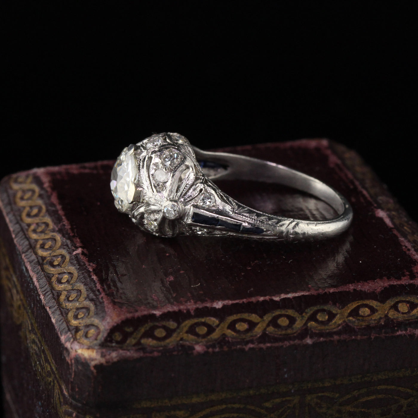 Antique Edwardian Platinum Old Mine Cut Diamond & Sapphire Engagement Ring