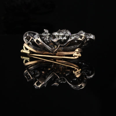 Antique Victorian 18K Yellow Gold, Silver Top & Diamond Flower Pin Brooch - The Antique Parlour