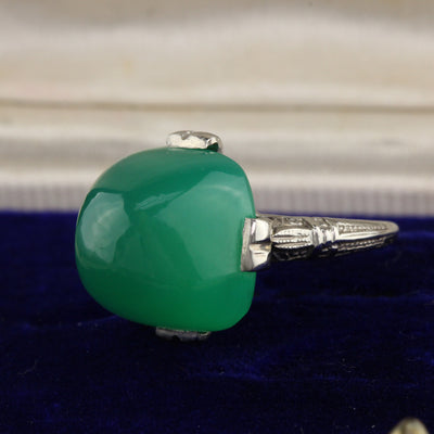 Antique Art Deco 14K White Gold & Chalcedony Cocktail Ring - The Antique Parlour