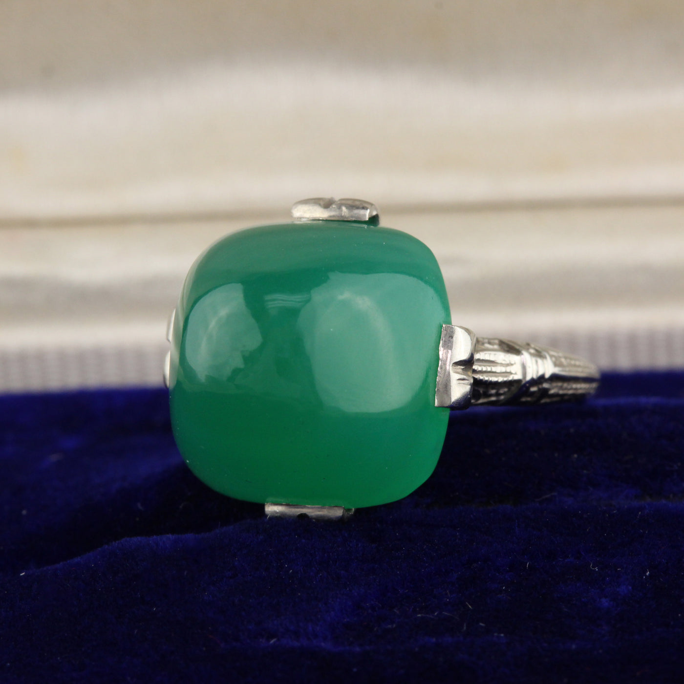 Antique Art Deco 14K White Gold & Chalcedony Cocktail Ring - The Antique Parlour