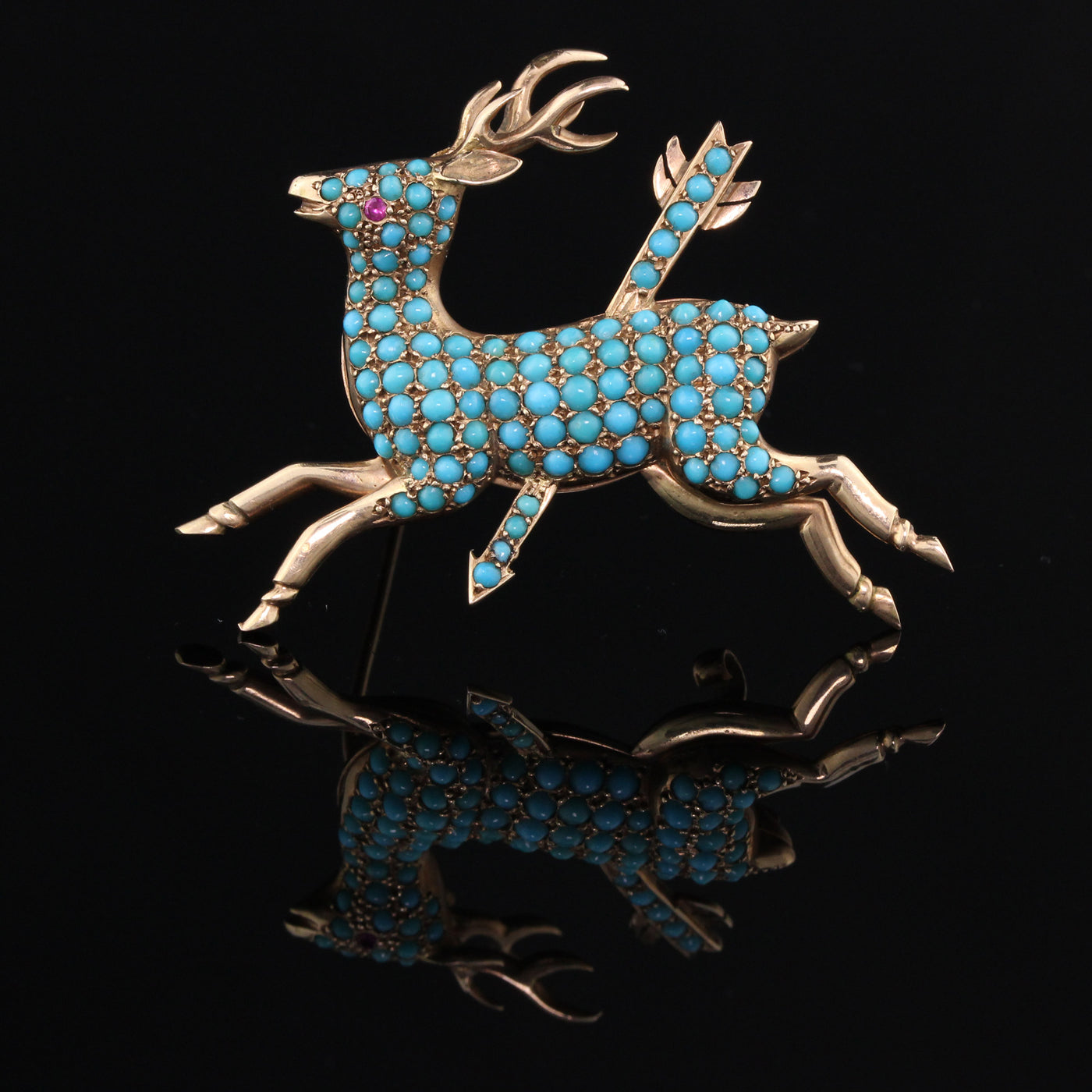 Antique Victorian 14K Yellow Gold & Turquoise Deer Brooch - The Antique Parlour