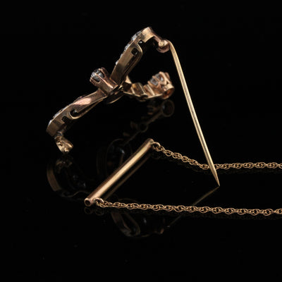 Antique Victorian 14K Yellow Gold Diamond Bow Convertible Pendant & Pin - The Antique Parlour
