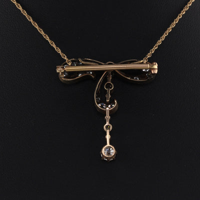 Antique Victorian 14K Yellow Gold Diamond Bow Convertible Pendant & Pin - The Antique Parlour