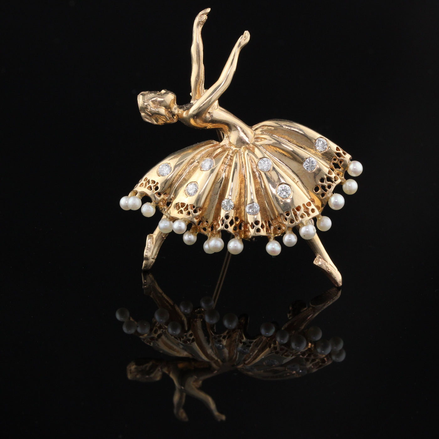 Vintage Estate 14K Yellow Gold, Diamond & Pearl Ballerina Dancer Pin Brooch - The Antique Parlour