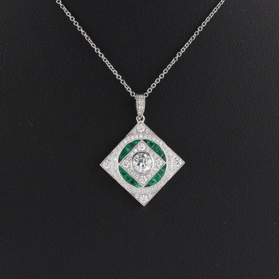 Art Deco Style 18K White Gold Diamond Emerald Pendant - The Antique Parlour