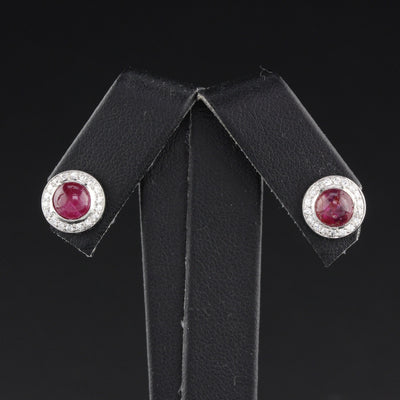 Antique Art Deco Platinum Diamond & Cabochon Burmese Ruby Stud Earrings - The Antique Parlour