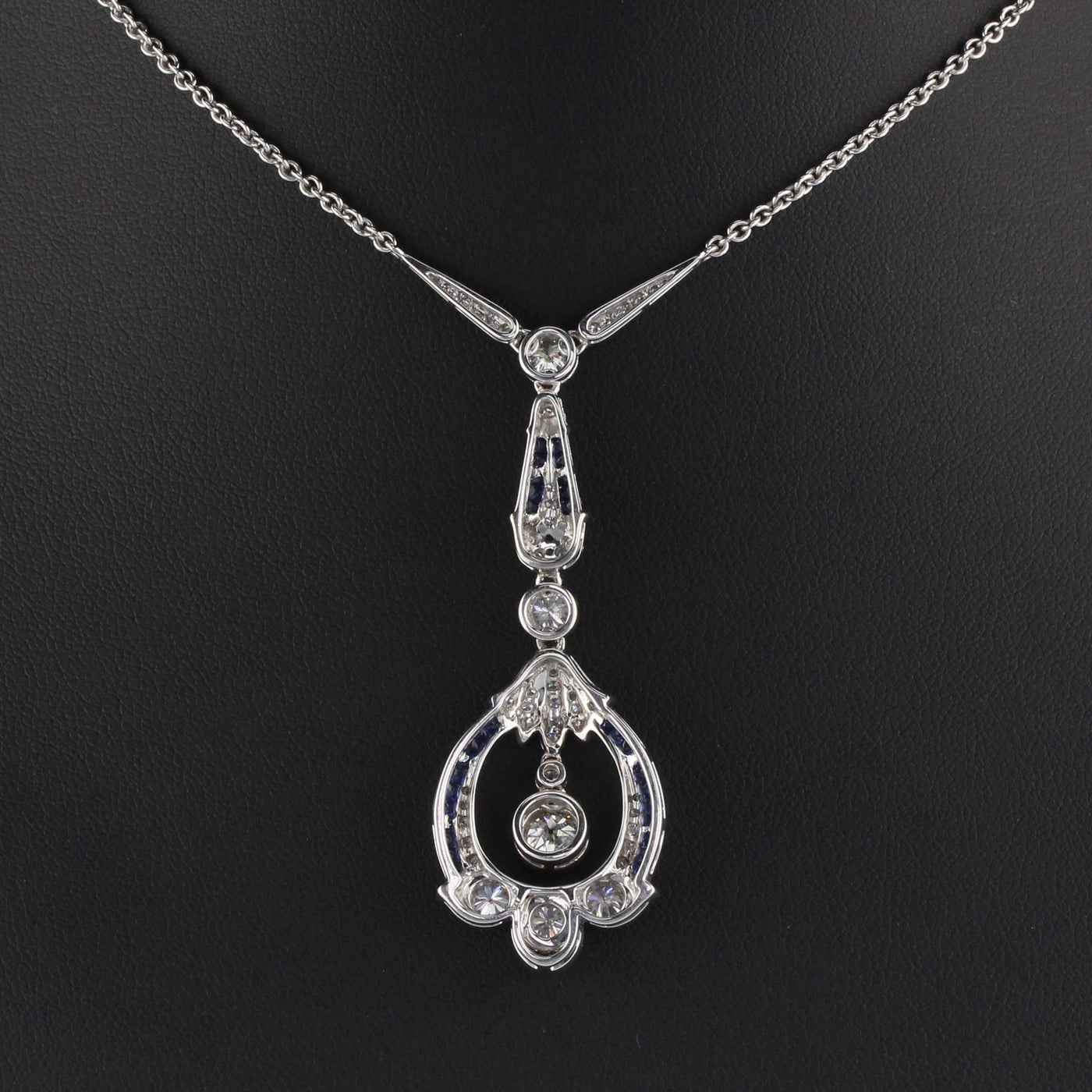 Art Deco Style 18K White Gold Diamond and Sapphire Necklace - The Antique Parlour
