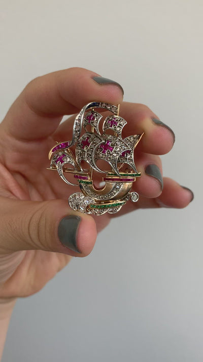 Antique Victorian 18K Rose Gold Diamond Ruby Emerald Sapphire Santa Maria Boat Pin