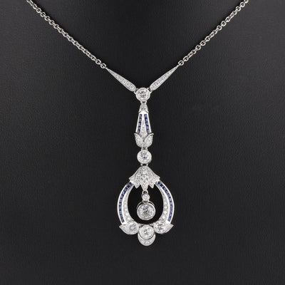 Art Deco Style 18K White Gold Diamond and Sapphire Necklace - The Antique Parlour