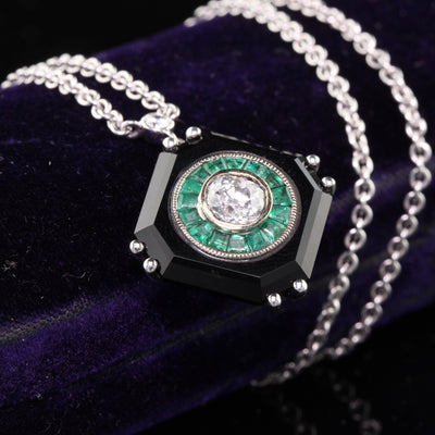 Art Deco Style 18K White Gold Diamond Emerald Onyx Pendant - The Antique Parlour