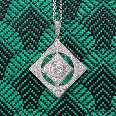 Art Deco Style 18K White Gold Diamond Emerald Pendant - The Antique Parlour