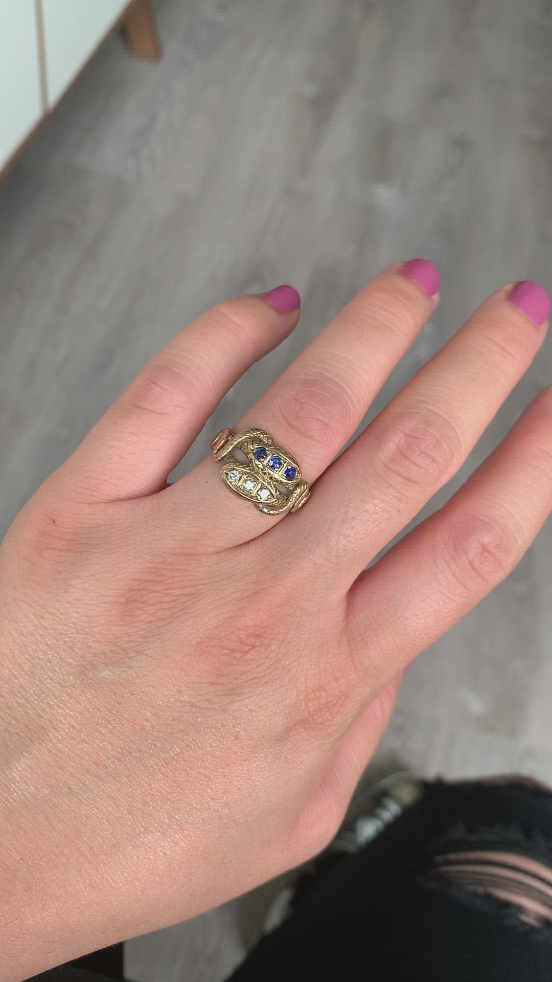 Antique Victorian 14K Yellow Gold Diamond and Sapphire Double Snake Ring