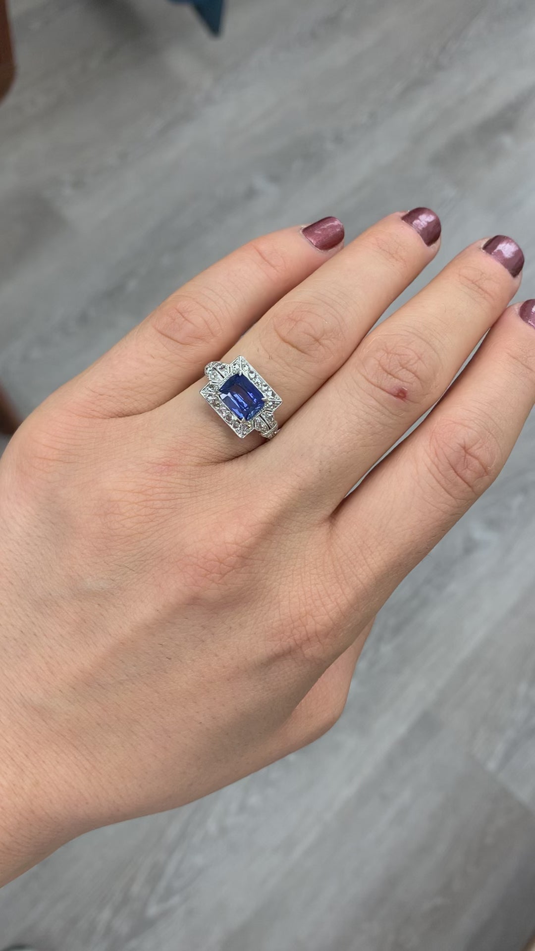Antique Art Deco Platinum Natural Sapphire and Diamond Engagement Ring - GIA
