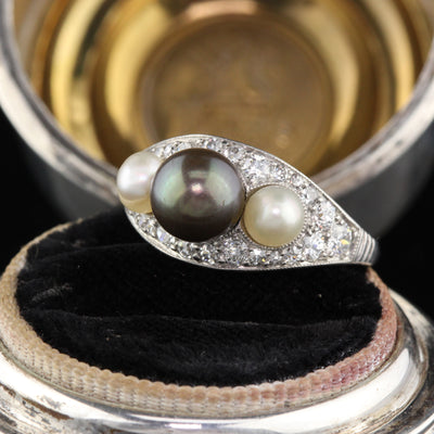 Antique Edwardian Platinum, Diamond & Pearl 3-stone Ring - The Antique Parlour