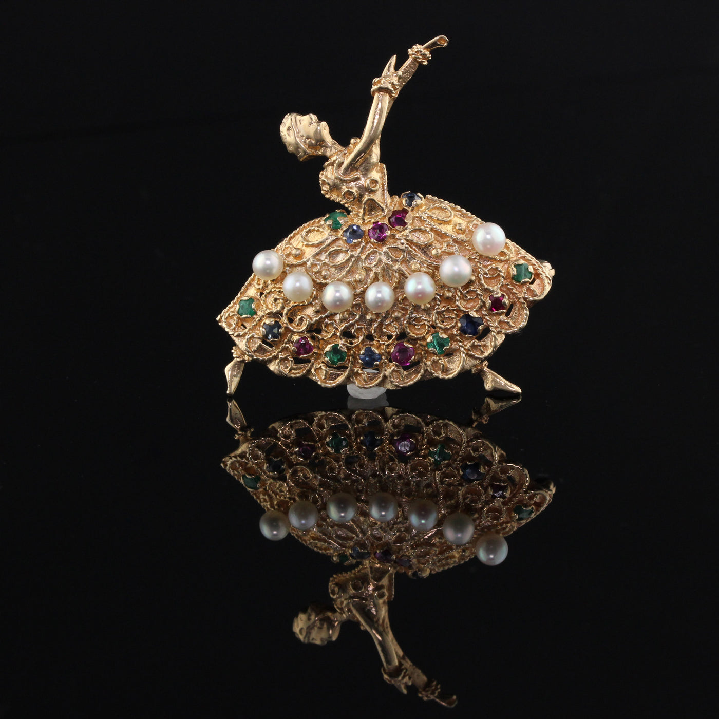 Vintage Estate 14K Yellow Gold, Pearl, Ruby, Sapphire & Emerald Ballerina Dancer Pin Brooch - The Antique Parlour
