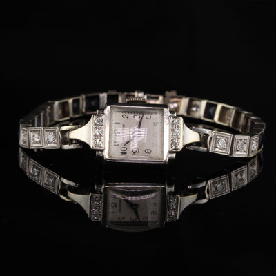 Antique Art Deco 14K White Gold Perregaux Diamond Watch