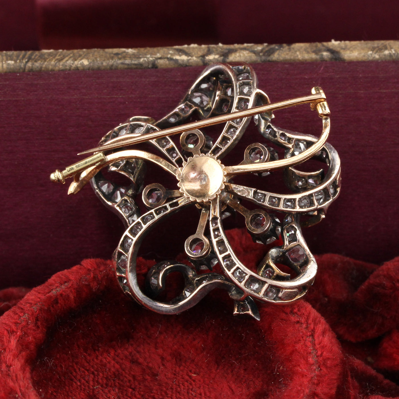 Antique Victorian 18K Yellow Gold, Silver Top & Diamond Flower Pin Brooch - The Antique Parlour