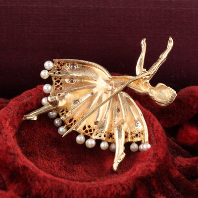 Vintage Estate 14K Yellow Gold, Diamond & Pearl Ballerina Dancer Pin Brooch - The Antique Parlour