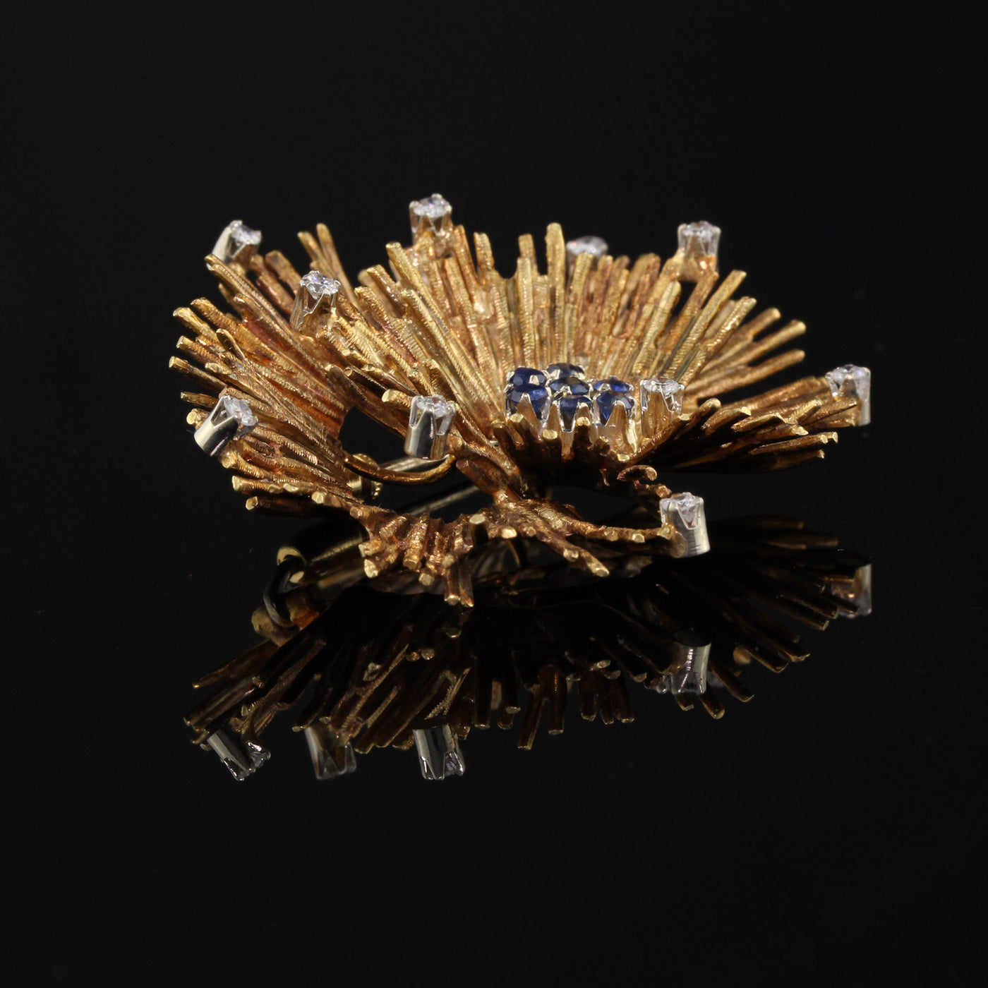 Vintage Estate 18K Yellow Gold Diamond and Sapphire Coral Reef Brooch Pin - The Antique Parlour