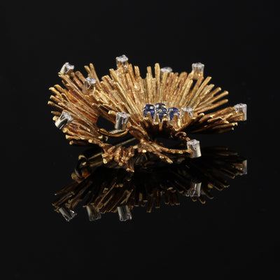 Vintage Estate 18K Yellow Gold Diamond and Sapphire Coral Reef Brooch Pin - The Antique Parlour