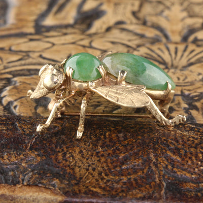 Vintage Estate 14K Yellow Gold Jade Bee Brooch - The Antique Parlour