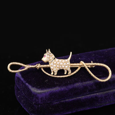 Antique Victorian Sloan & Co. 14K Yellow Gold Seed Pearl Dog Brooch