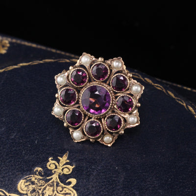 Antique Victorian 14K Yellow Gold, Amethyst & Pearl Brooch