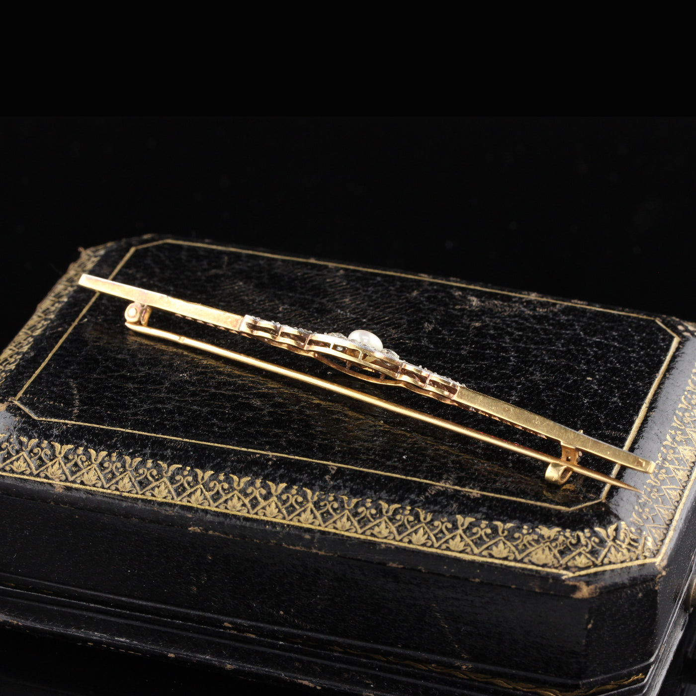 Antique Edwardian French 18K Yellow Gold Platinum Top Ruby Diamond Pearl Bar Brooch