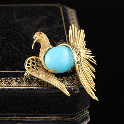 Vintage Estate 18K Yellow Gold & Turquoise Swan Brooch