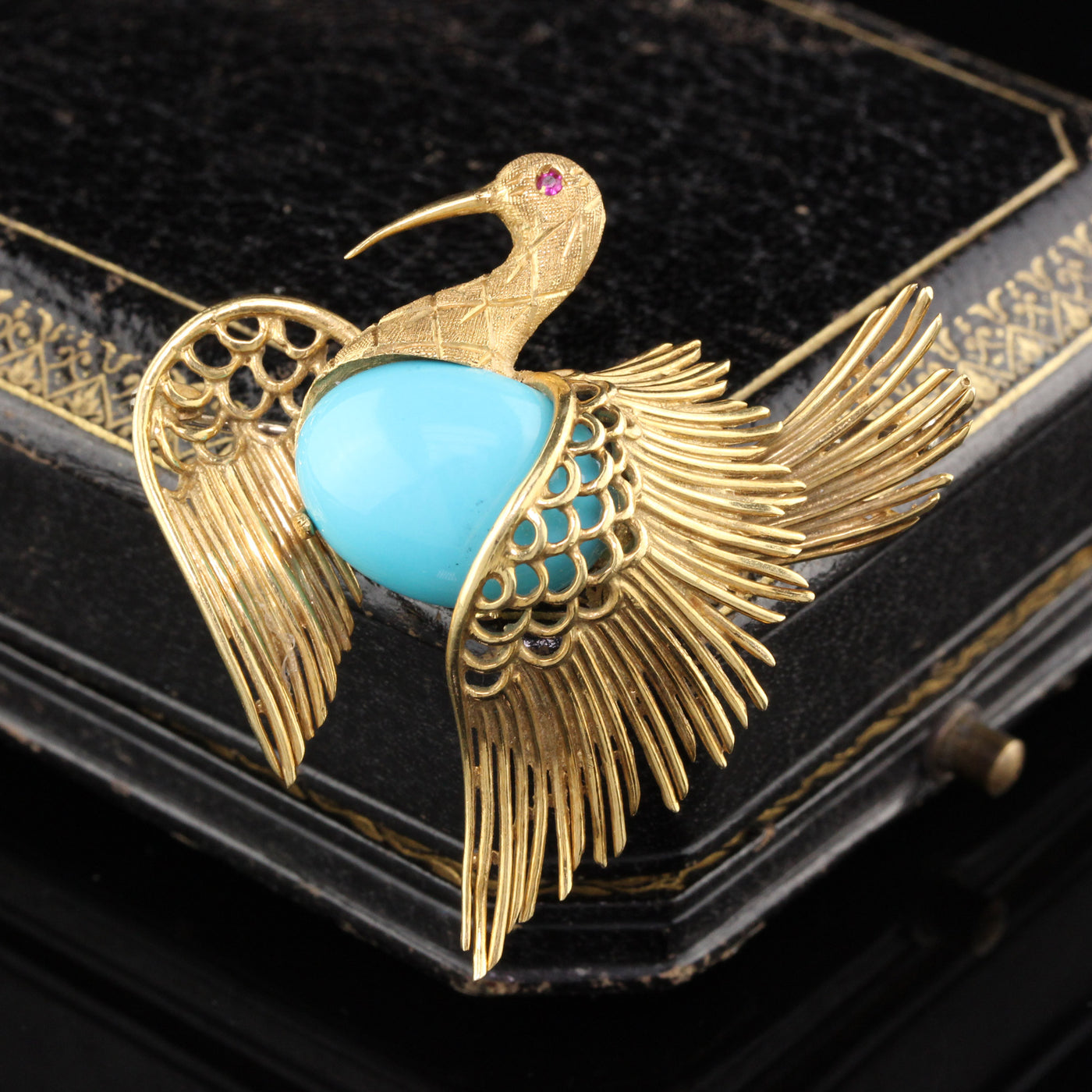 Vintage Estate 18K Yellow Gold & Turquoise Swan Brooch