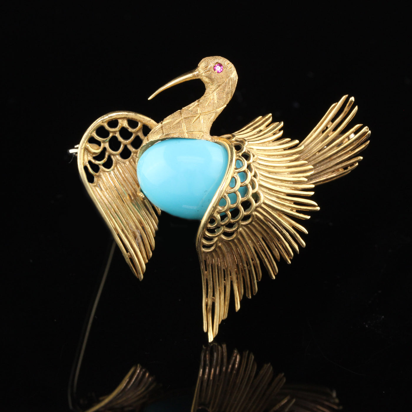 Vintage Estate 18K Yellow Gold & Turquoise Swan Brooch