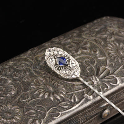 	Antique Art Deco 14K White Gold Synthetic Sapphire Stick Pin
