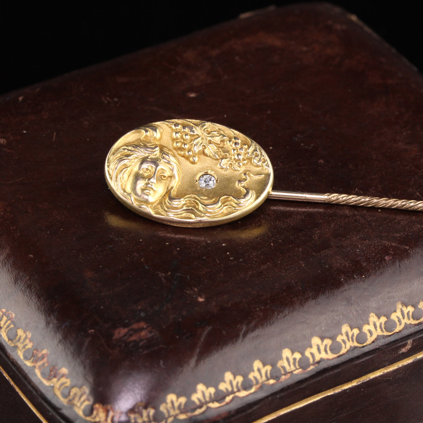 Antique Art Nouveau 10K Yellow Gold & Diamond Stick Pin