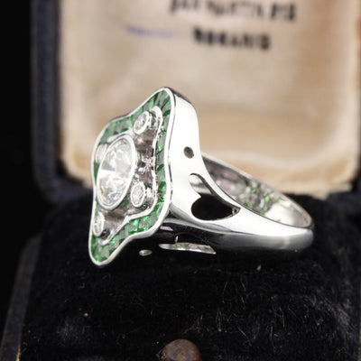 Art Deco Style 18K White Gold Diamond and Tsavorite Ring - The Antique Parlour