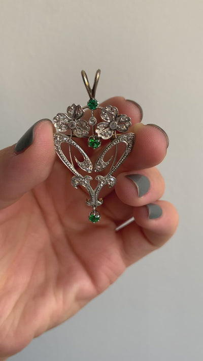 Antique Art Deco French 18K Platinum Diamond and Emerald Flower Pin Pendant