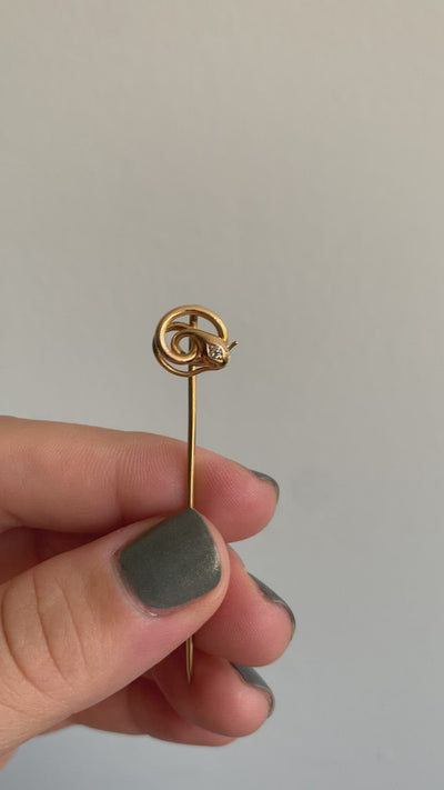 Antique Art Deco 18K Yellow Gold Old Mine Diamond Snake Stick Pin