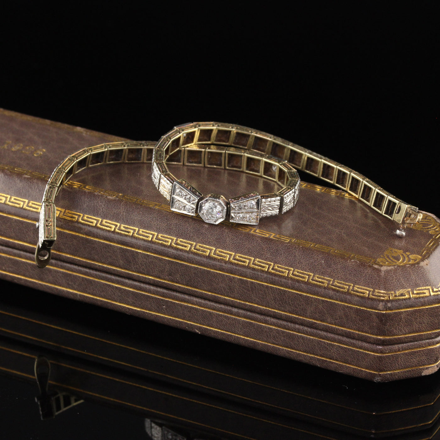 Antique Edwardian 18K Yellow Gold & Platinum Top Diamond Bow Bracelet