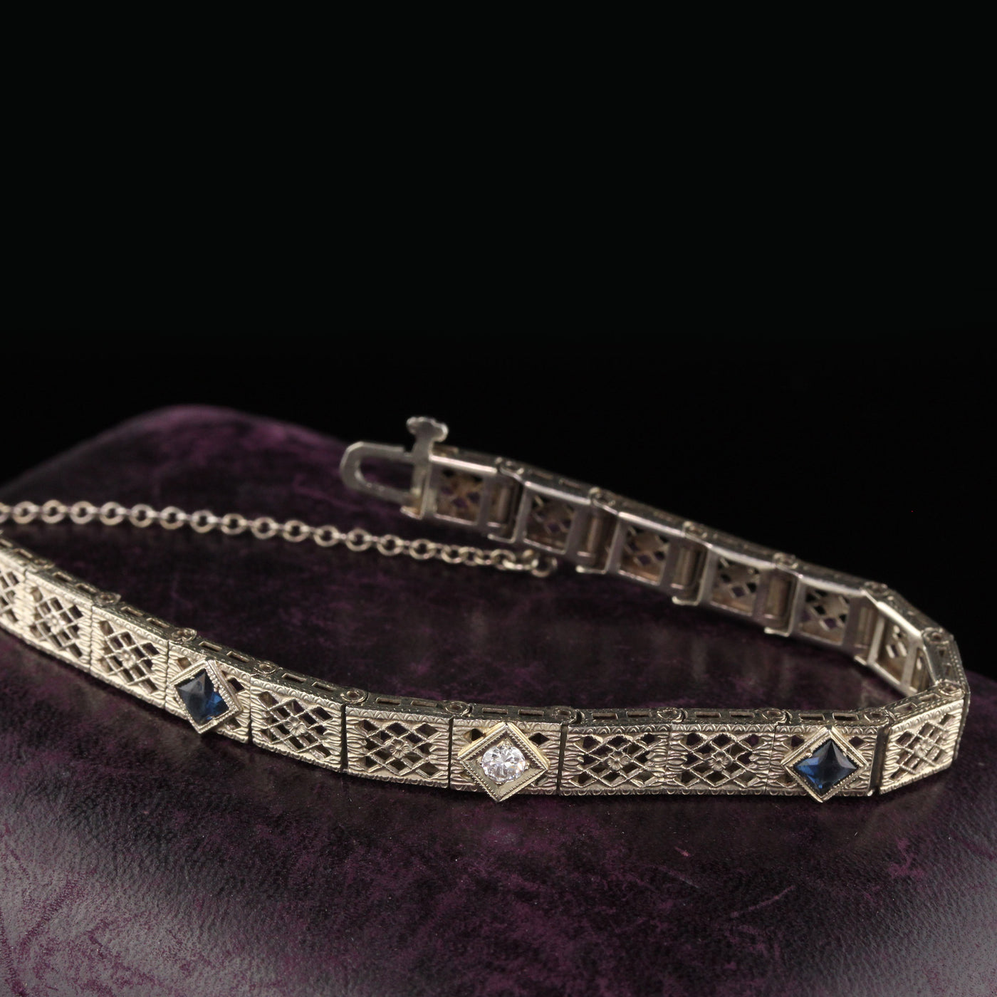 Antique Art Deco 14K White Gold Diamond & Sapphire Filigree Bracelet