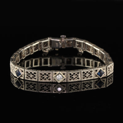 Antique Art Deco 14K White Gold Diamond & Sapphire Filigree Bracelet