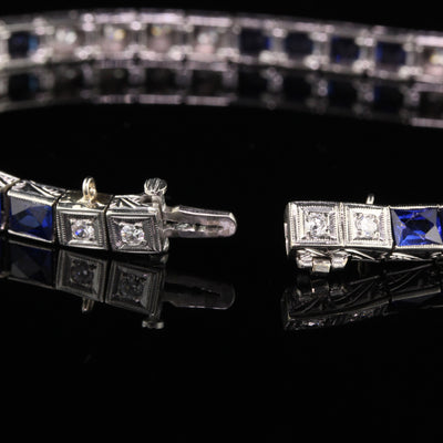 Antique Art Deco 18K White Gold Diamond and Sapphire Line Bracelet