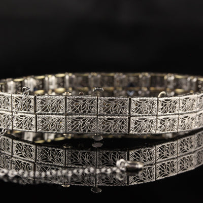 Antique Art Deco 14K White Gold Diamond and Sapphire Bracelet