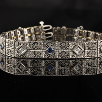 Antique Art Deco 14K White Gold Diamond and Sapphire Bracelet