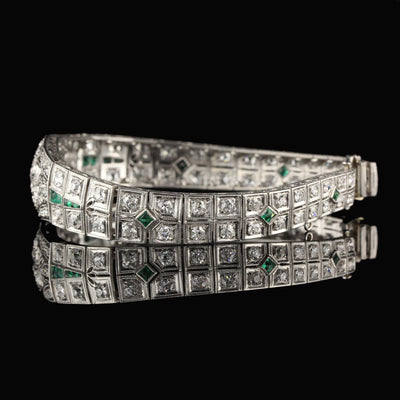 Antique Art Deco Platinum Old Euro Cut Diamond and Emerald Bracelet