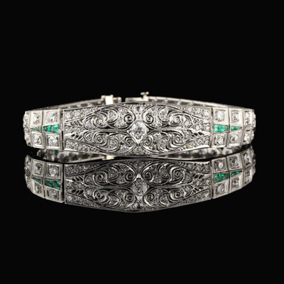 Antique Art Deco Platinum Old Euro Cut Diamond and Emerald Bracelet